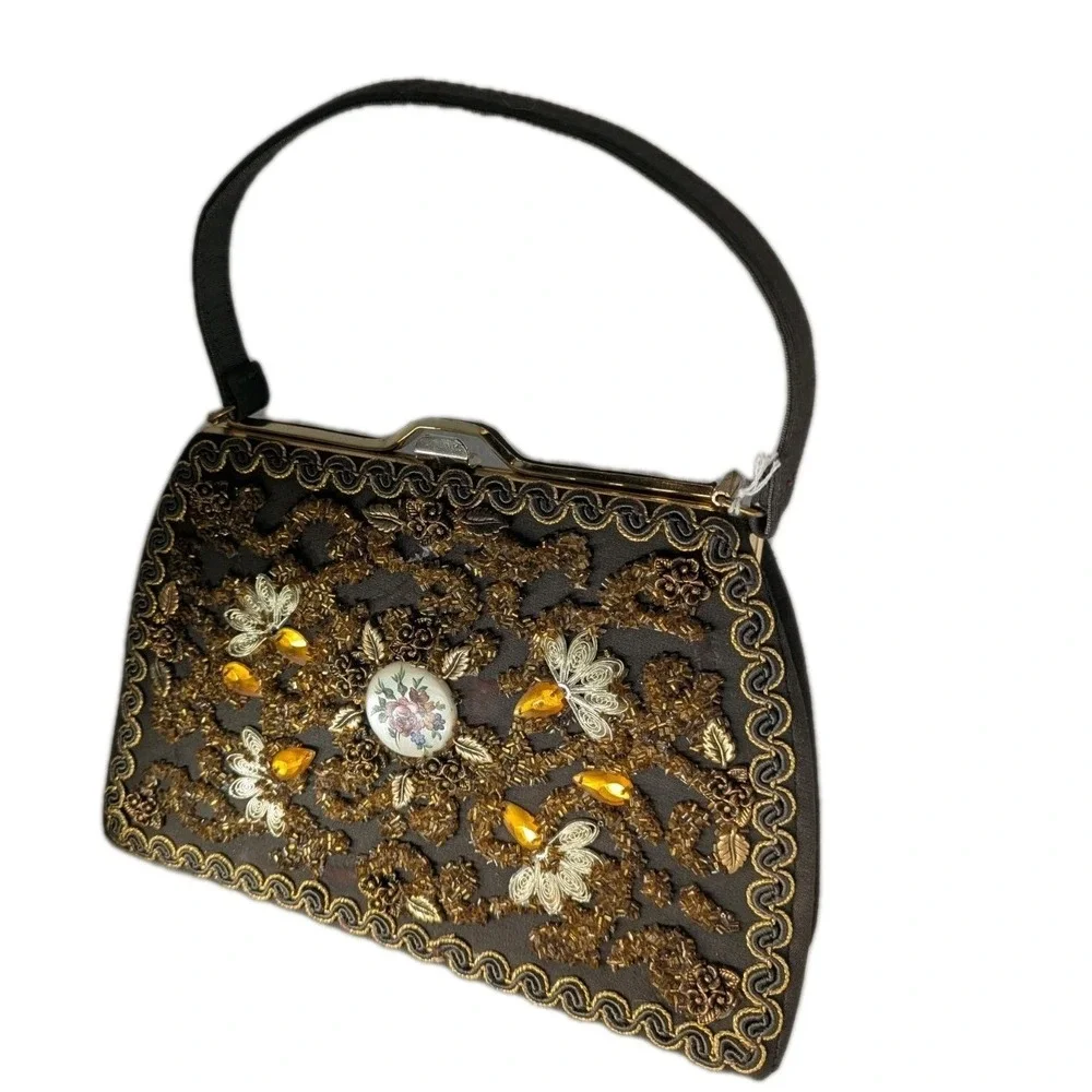 Vintage 1950s Black Beaded Evening‎ Bag Amber Floral Cabochon Frame Purse